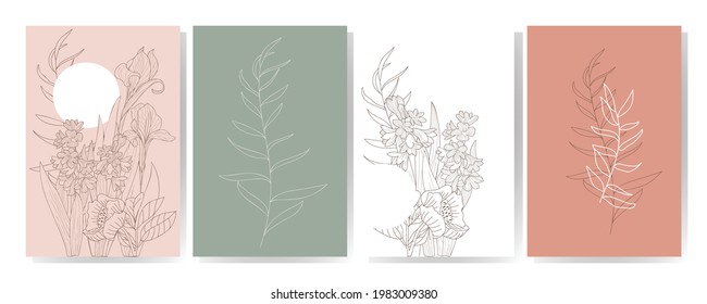 Set of floral posters with place for text. Graphic drawings of garden flowers. Suitable for backgrounds, cards, invitations, posters.