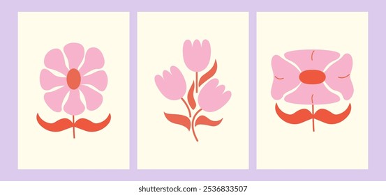 Set of floral posters in retro groovy style. Vector flat illustrations with abstract naive geometric flowers. Botanical funky modern art