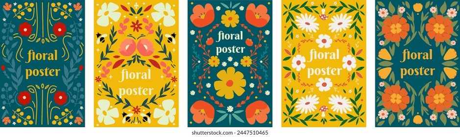 A set of floral posters. Template flower background.