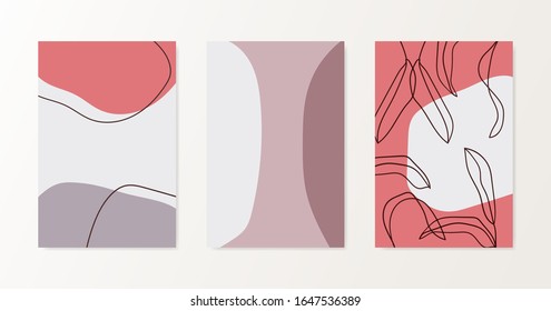 Set of floral posters templates in pastel colors. Vector illustration. Trendy design with leaves, flowers and spots. Hand drawn graphics.