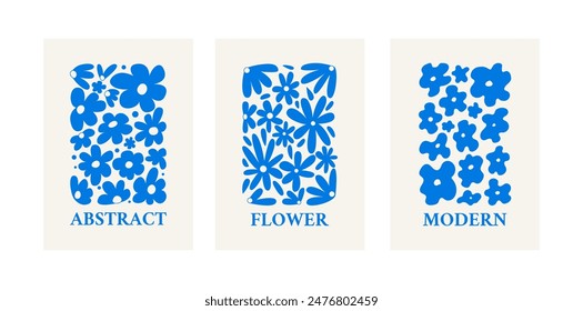 Set of floral posters in trendy minimalist style. Vector flat illustration compositions of flowers silhouettes