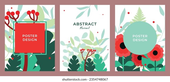 Set of floral posters, vector drawing flowers and grass, template for poster, banner, flyer. Design elements.