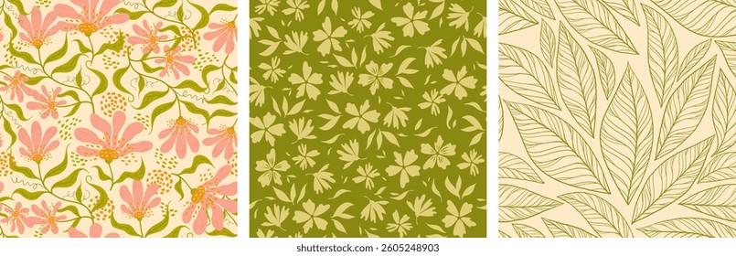 set with floral prints for fabric. seamless floral patterns with leaves and daisies. prints for the kitchen