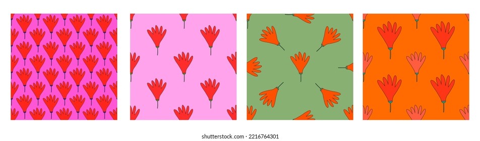 set of floral prints for fabric. textile seamless patterns. 1970 psychedelic, hippie and funky. cottage core 60s rustic interior decor. wallpaper and background pattern. children's naive style