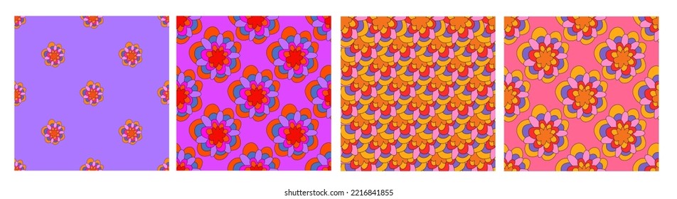 set of floral prints for fabric. textile seamless patterns. 1970 psychedelic, hippie and funky. cottage core 60s rustic interior decor. wallpaper and background pattern. children's naive style