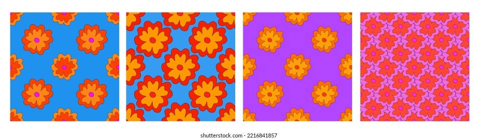 set of floral prints for fabric. textile seamless patterns. 1970 psychedelic, hippie and funky. cottage core 60s rustic interior decor. wallpaper and background pattern. children's naive style