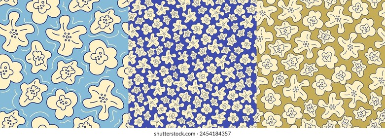 Set of floral prints. Vector seamless pattern with white flowers. Retro style. Line.