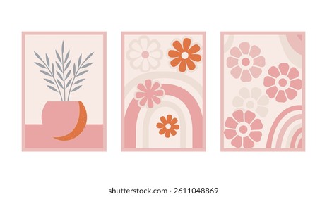 Set of floral retro illustration  for print, wallpaper, clipart, wall art for home decoration