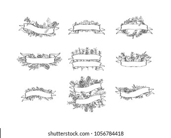 Set of floral ribbon banner. Hand drawn vector Vintage floral banners. Sketch ink illustration. Banner with leaves, flowers and birds.