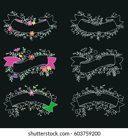 Set of floral ribbon frames for text isolated on dark background in vintage style 