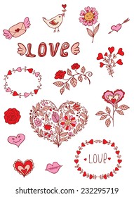 Set of floral romantic doodle elements for design 
