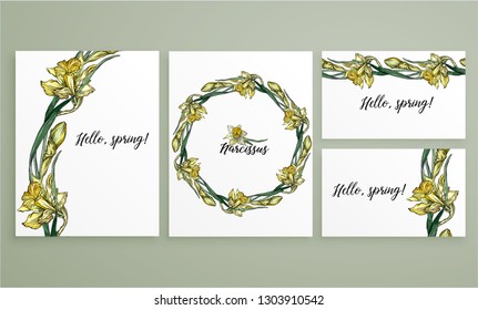 Set floral romantic templates, business cards, posters. daffodils, spring flowers.