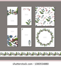 Set of floral romantic templates with forget-me-nots and ribbons