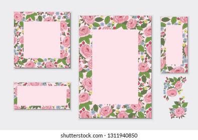 Set of floral rose frames/cards. Vector flowers.