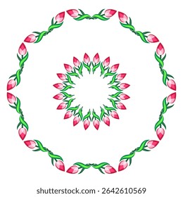 Set of floral round frames. Frame of flowers. Bright positive round ornament of tulips. Spring floral mandala. Design element of red pink flowers on white background. Clear spring colors