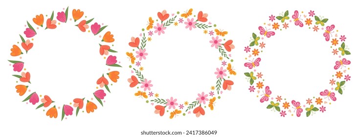 Set of floral round frames. International Women's Day. March 8. Mother's Day. Decorative elements for greeting card, wedding, birthday, invitation, banner, sale, scrapbooking. Vector illustration.