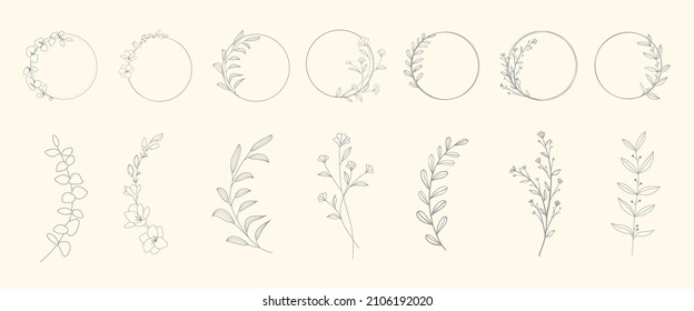 Set of floral round frames labels and banners with branch.