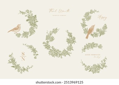 Set with floral round frames and wreaths. Birds and flowering branches. Vintage. Green and gold.