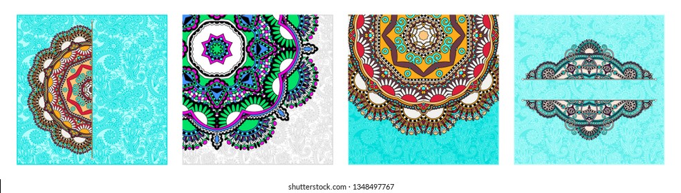 set of floral round pattern in indian kalamkari oriental ethnic style for your greeting card or invitation, template frame design for card, vintage lace doily, vector illustration