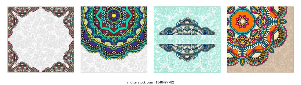set of floral round pattern in indian kalamkari oriental ethnic style for your greeting card or invitation, template frame design for card, vintage lace doily, vector illustration