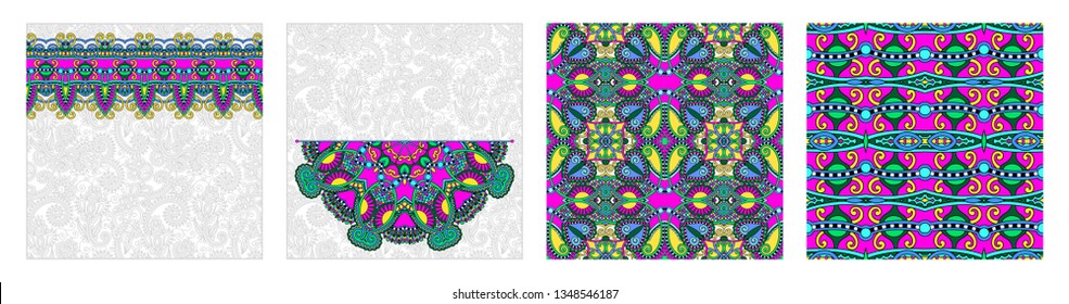 set of floral round pattern in indian kalamkari oriental ethnic style for your greeting card or invitation, template frame design for card, vintage lace doily, vector illustration