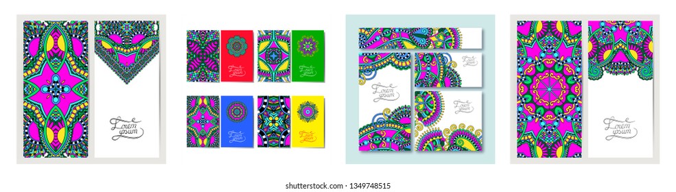 set of floral round pattern in indian kalamkari oriental ethnic style for your greeting card or invitation, template frame design for card, vintage lace doily, vector illustration