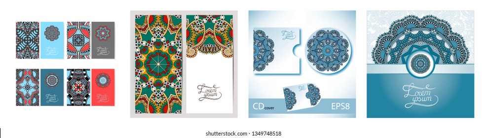 set of floral round pattern in indian kalamkari oriental ethnic style for your greeting card or invitation, template frame design for card, vintage lace doily, vector illustration