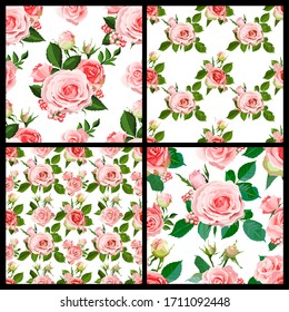 Conjunto floral sin fisuras.Antecedentes abstractos. Textura colorida con rosas rosas rosas. El patrón se puede utilizar para papel tapiz, rellenos de patrones, fondo de página web, texturas superficiales.Ilustración vectorial.

