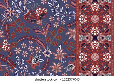 Set of floral seamless background and border with fantasy flowers, blossom and leave. Vector ornamental pattern set.