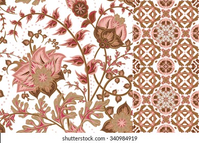 Set of floral seamless background and border with fantasy flowers, blossom and leave. Vector ornamental pattern set.