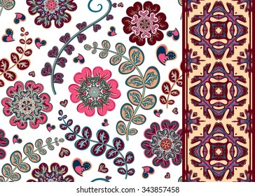 Set of Floral seamless background and border. Vector ornamental pattern set.