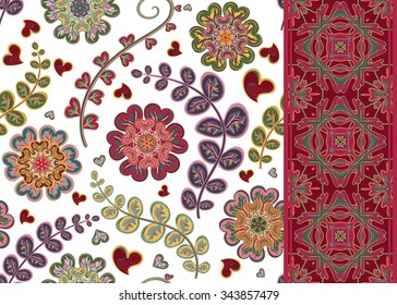 Set of Floral seamless background and border. Vector ornamental pattern set.