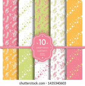 Set of floral seamless background. Template for scrapbooking, postcards, posters, textile. Pink, green, orange and yellow spring colors