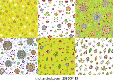 Set of floral seamless backgrounds. Cute flowers vector patterns. Green. Spring. Colorful. 