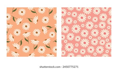 Set of floral seamless backgrounds. Delicate cute flowers in peach tones. Vector.