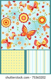 Set floral seamless with butterfly. Blue. Vector illustration.