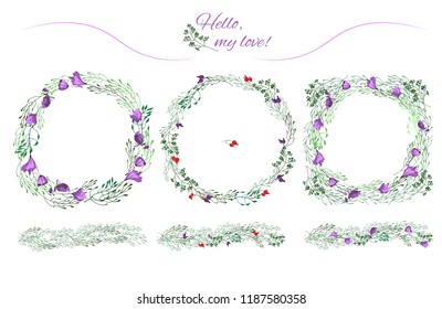 Set Floral seamless ornament, Wreath from plants. For your design of postcards, business cards, posters, website, magazine. Colorful hand drawn vector stock illustration. 
