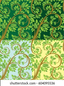 Set of Floral seamless pattern, detailed ornament with olive tree leaves and curled branches on different colors background.