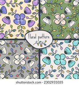 Set of floral seamless pattern with garden and field plants, blooming wildflowers, buds, grass. Flower backgrounds. Vector illustration for wrapping paper, cover, fabric, interior decor, print