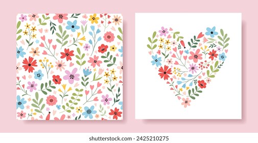 Conjunto de patrón floral sin costuras y corazón floral. Diseño romántico de primavera verano. Perfecto para la decoración de tarjetas de felicitación de vacaciones, carteles, banners, tela, cubierta, papel pintado, papel de envoltura.