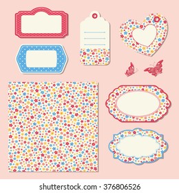 set with floral seamless pattern and labels