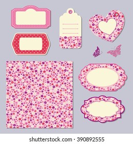 set with floral seamless pattern and labels