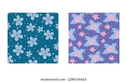 Set of floral seamless pattern on green and light blue backgrounds.ai