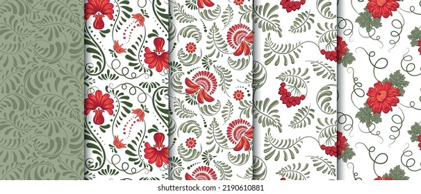 Set of floral seamless pattern in Petrykivka painting style. Ukrainian fol art. Vector hand drawn ethnic seamless pattern with flowers, leaves, tendrils and berries. Summer, spring pattern.