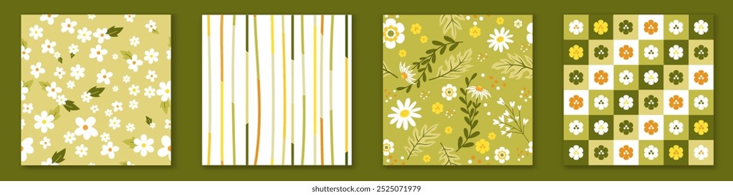 Satz von floralen nahtlosen Muster. Wiederkehrendes Gestaltungselement zum Bedrucken von Gewebe. Tapete und Textur. Mode und Trend. Kleidung und Kleidung. Flache Vektorsammlung einzeln auf grünem Hintergrund