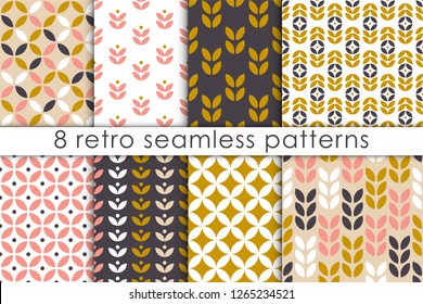 Set of floral seamless pattern in scandinavian style. Retro geometric textures collection. Vector wallpaper.