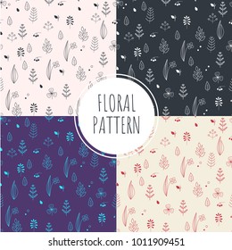 Set Of Floral Seamless Patterns With Berries And Leaves On A Blue, Purple,pink Yellow Background. Vector Illustration. Clip Art