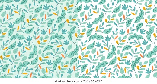 Conjunto de padrões florais sem emenda com folhas tropicais exóticas brilhantes em branco e turquesa. Ótimo para tecidos, especialmente para linho, papel de embrulho, papel de parede, capas. Ilustração vetorial em estilo plano