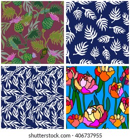 Set of floral seamless patterns. Burdock, palm leaves, willow branches, blooming peonies. 1950s style. Retro textile collection.