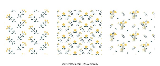 Set of floral seamless patterns. Collection of wallpapers with simple flowers in a flat style. Repeat textures for textile or wrapping paper.